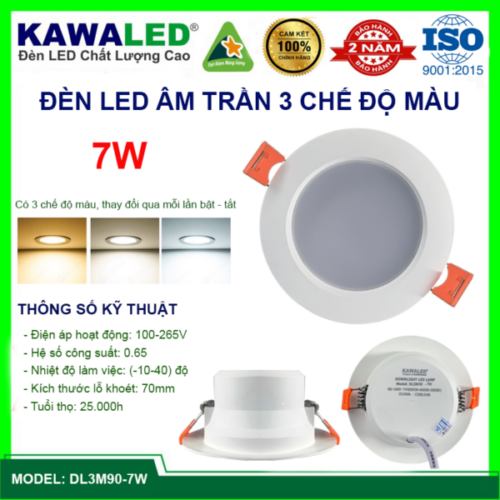 Đèn Led downlight âm trần tròn 3 chế độ màu DL3M90-7W Kawaled